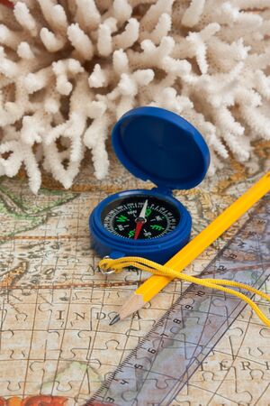 old map and compass, still lifeの写真素材