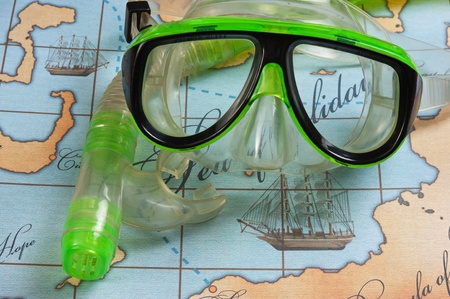 mask and snorkel diving on the mapの写真素材