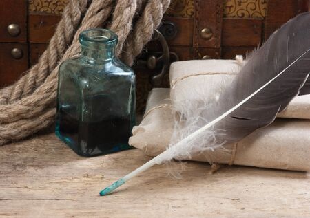 postal parcel, tobacco pipe and inkwell,  still lifeの写真素材