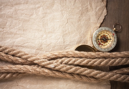 compass, old paper and rope, still-lifeの写真素材