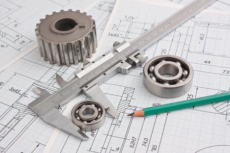 technical drawing and pinion with bearingsの写真素材
