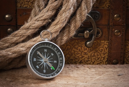Compass rope and wooden chest, still lifeの写真素材
