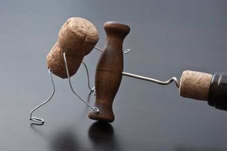 wine corks and bottle with corkscrewの写真素材