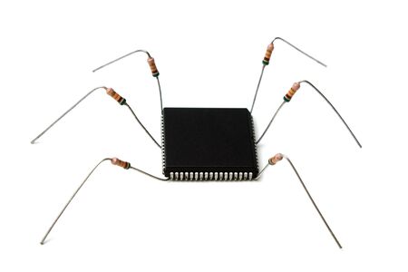 stylized computer virus of electronic components isolated on white backgroundの写真素材