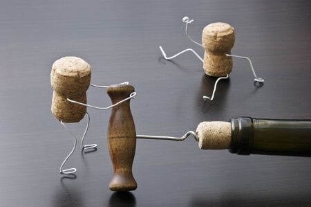 wine corks and bottle with corkscrewの写真素材