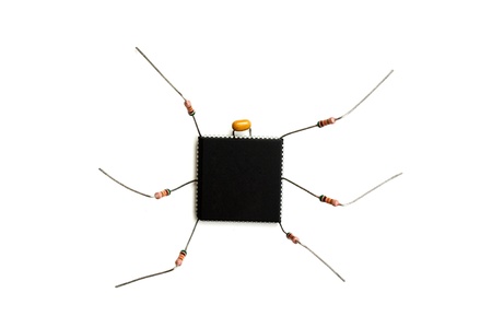 stylized computer virus of electronic components isolated on white background