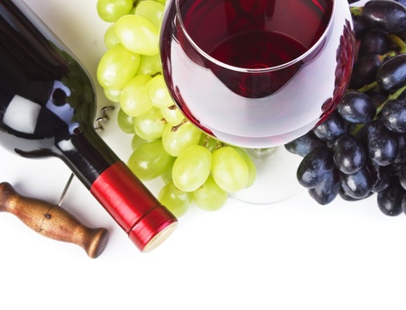 bottle of wine and grapes isolated on white backgroundの写真素材
