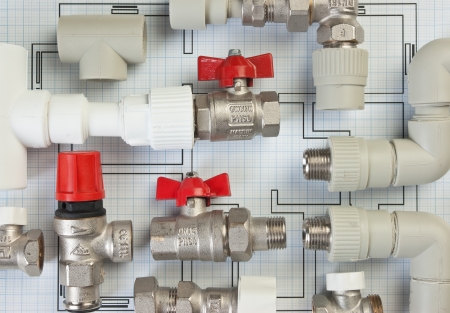 Set plumbing fittings on the drawingの写真素材