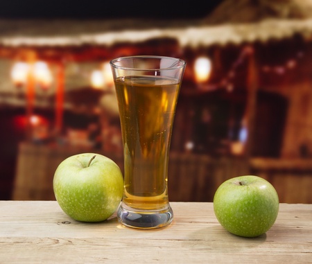 apple juice on a wooden tableの写真素材