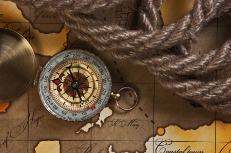 compass and rope on a mapの写真素材