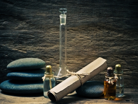 Vials of perfume oils in old fragrance labの写真素材