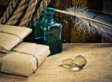 postal parcel, tobacco pipe and inkwell,  still lifeの写真素材