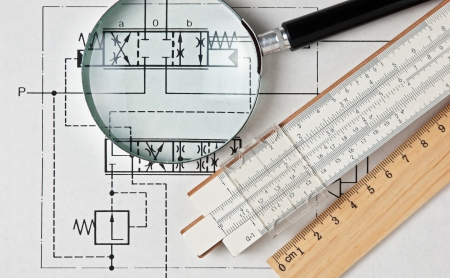 engineering tools on a technical drawingの写真素材