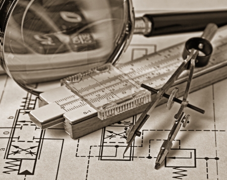 engineering tools on a technical drawing