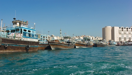 DUBAI, UAE-NOVEMBER 18: Wooden old Arab trading ship on November 18, 2012 in Dubai, UAE. Shipbuilding technology is unchanged from the 18th century.のeditorial素材