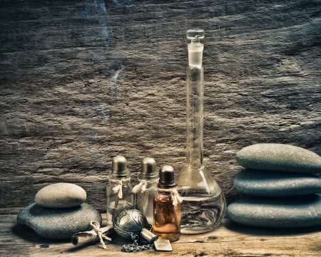 Vials of perfume oils in old fragrance labの写真素材