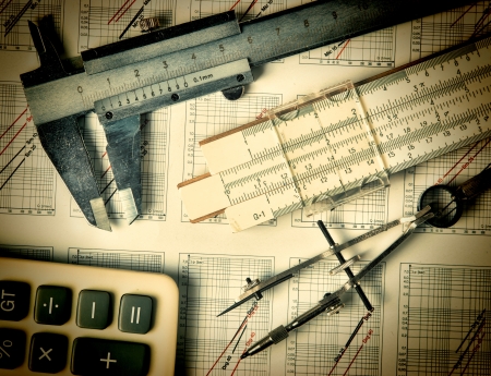 engineering tools on a technical drawingの写真素材
