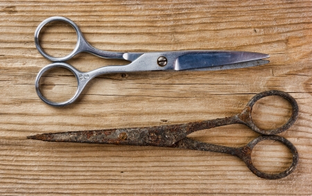 old tailor scissors  on the wooden backgroundの写真素材