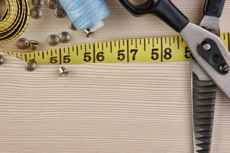 Frame sewing supplies on the tableの写真素材