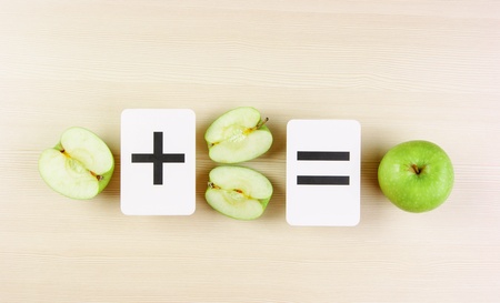 School card and apple with math problemsの写真素材