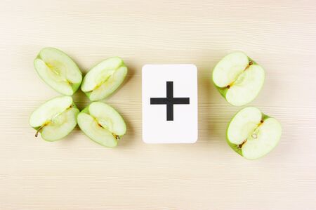 School card and apple with math problemsの写真素材