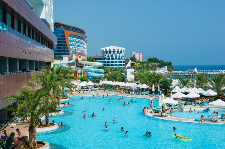 ALANYA, TURKEY - JULY 14: A general view of the hotel Vikingen Quality Resort. Hotel has 450 rooms and 13,000 square meters area on July 14, 2013 in Alanya, Turkeyのeditorial素材