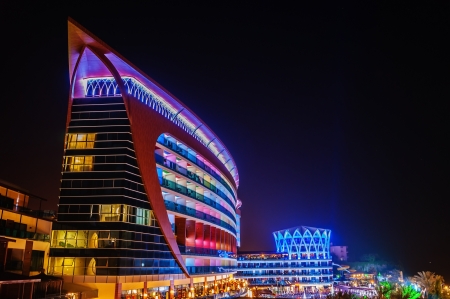 ALANYA, TURKEY - JULY 14: Night view of the hotel Granada Luxury Resort. Hotel has 598 rooms and 13,000 square meters area on July 14, 2013 in Alanya, Turkeyのeditorial素材