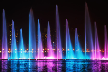 SHARJAH, UAE - OCTOBER 29, 2013: Musical fountain show. The Sharjah Fountain is one of the biggest fountains in the region.のeditorial素材