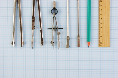 Old drawing tools on graph paperの写真素材