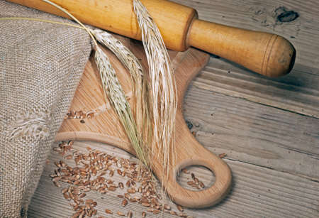 rye bread, and corn on the wooden table