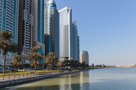 SHARJAH, UAE - OCTOBER 28,  2013: Modern buildings in Sharjah. It is the most industrialized emirate in UAE.のeditorial素材