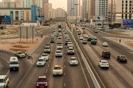 SHARJAH, UAE - OCTOBER 28, 2013: Sharjah - general view. Sharjah is located along northern coast of Persian Gulf on Arabian Peninsulaのeditorial素材
