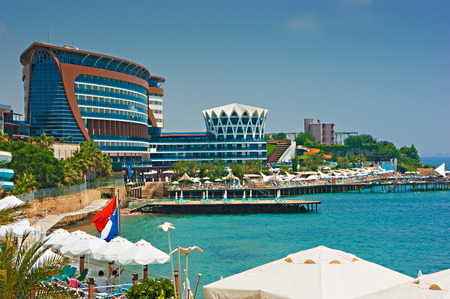 ALANYA, TURKEY - JULY 14: A general view of the hotel Vikingen Quality Resort. Hotel has 450 rooms and 13,000 square meters area on July 14, 2013 in Alanya, Turkeyのeditorial素材