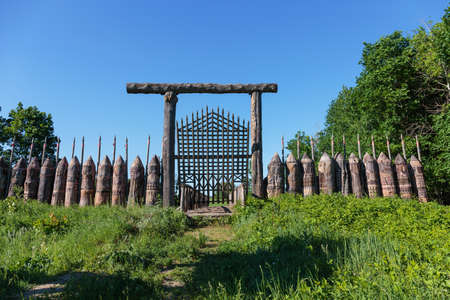old wooden fortification wall of the fortの写真素材