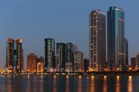 SHARJAH, UAE - NOVEMBER 01: Night view of Sharjah, on November 01, 2013. Sharjah is located along northern coast of Persian Gulf on Arabian Peninsulaのeditorial素材
