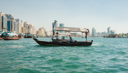 DUBAI, UAE-NOVEMBER 18: Wooden old Arab trading ship on November 18, 2012 in Dubai, UAE. Shipbuilding technology is unchanged from the 18th century.のeditorial素材