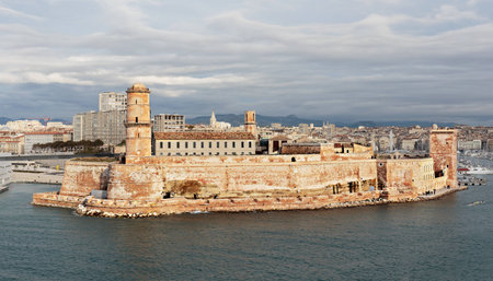 View of the old port and Fort Saint Jean in Marseille, Franceの写真素材