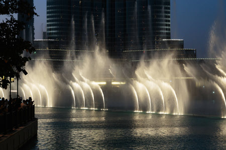 DUBAI, UAE - 31 OCTOBER, 2013: Night view fountains downtown and in a man-made lakeのeditorial素材