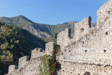 Ancient medieval fortress in village Luseram, Provence Alpes Cote d'Azur, France.のeditorial素材