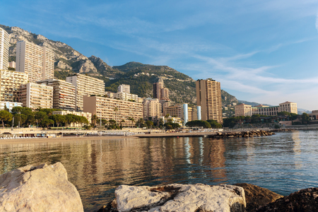 Panoramic view of the beach in Monte Carlo, Monaco. Principality of Monaco is a sovereign city state, located on the French Rivieraの写真素材