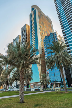 SHARJAH, UAE - OCTOBER 28,  2013: Modern buildings in Sharjah. It is the most industrialized emirate in UAE.のeditorial素材