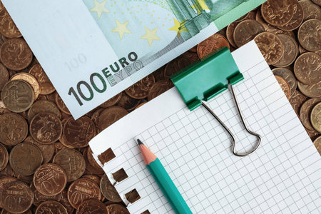 Banknotes of one hundred euros and blank page on coins