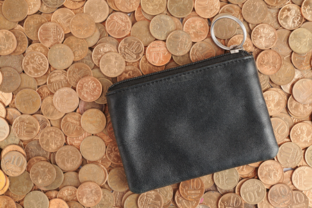 Leather Wallet on a background coinsの写真素材
