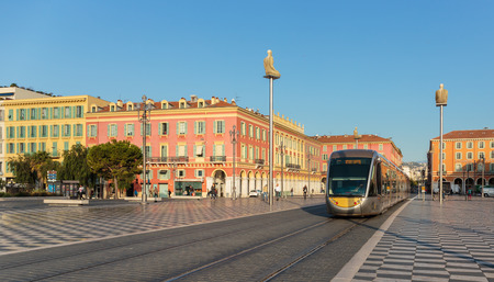 NICE, FRANCE - OCTOBER 30, 2014: Tram on the Place Massena. Square is located in the city centerのeditorial素材