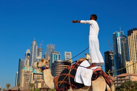 DUBAI, UAE - NOVEMBER 11, 2013: High rise buildings and man riding a camel on the beachのeditorial素材
