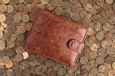 Leather Wallet on a background of Russian coins