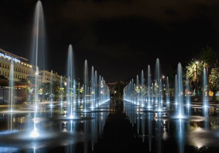 NICE, FRANCE - NOVEMBER 2, 2014: Fountain in the square Masena in Niceのeditorial素材