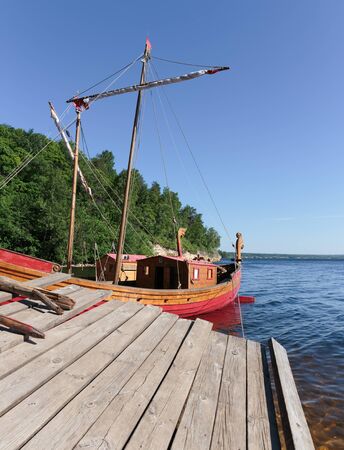 SAMARA, RUSSIA - 28 MAY, 2014: Heritage village, traditional old wooden sailing boatのeditorial素材