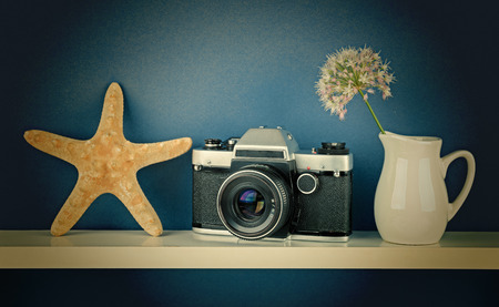 vase with flower and old camera on white  shelf, tonedの写真素材