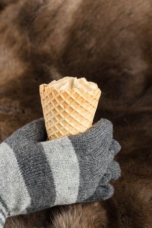 Hands in knitted gloves keep ice creamの写真素材